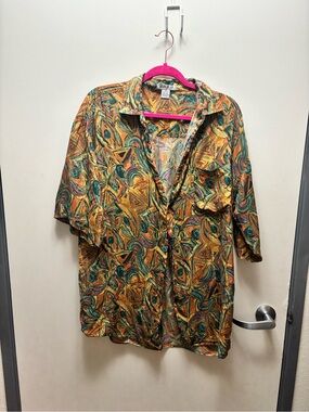 PAVO 100% silk by La Strada Button-Up in Mustard & Teal Abstract Print